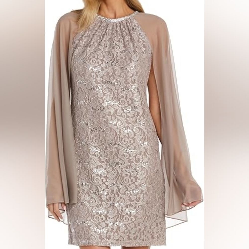 R&M Richards Light Silver Lace Long Cape Sleeve Dress L